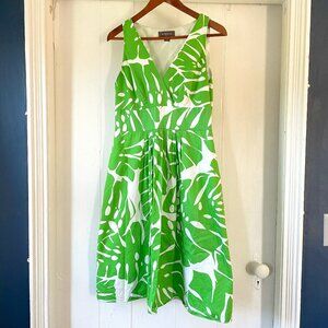 LIZ CLAIBORNE Sz 8 Green White Monstera Leaf A Line Vneck Cotton Party Career